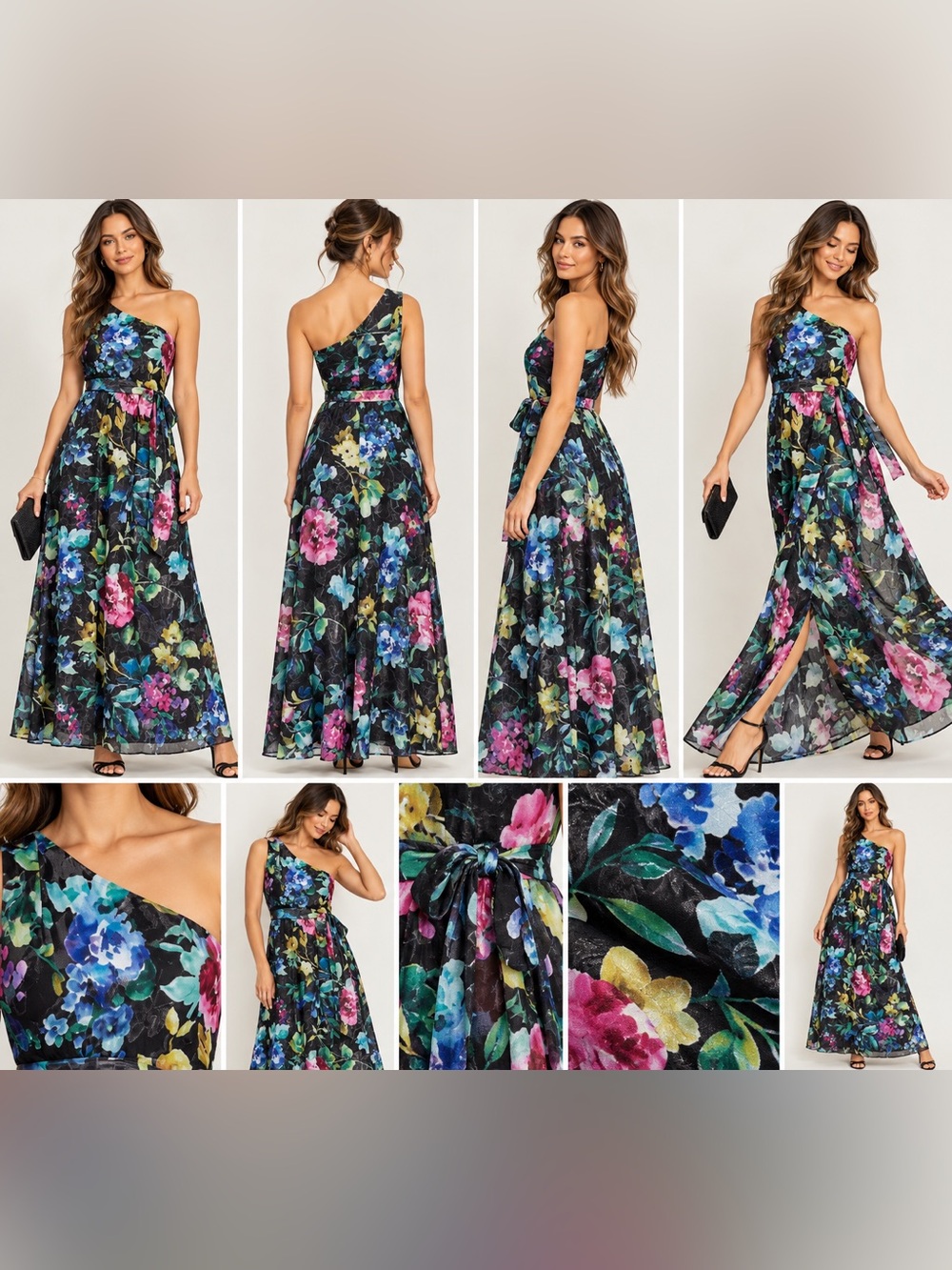 SLNY Floral One Shoulder Maxi Dress NWT Size 6 Wedding Guest Black Multi